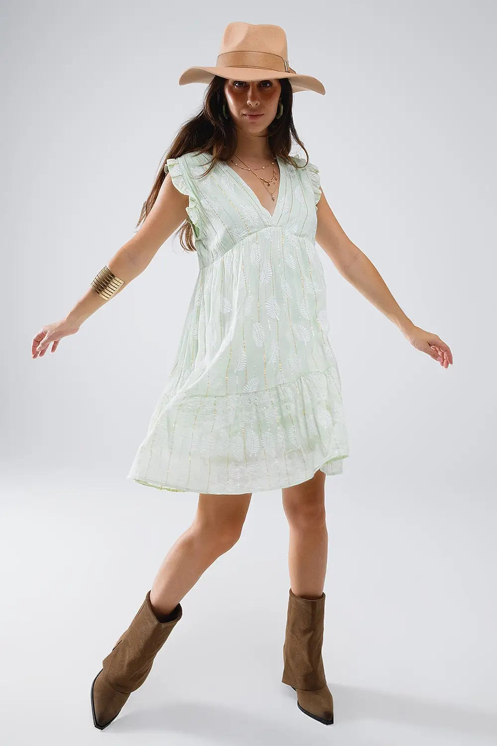 Short Babydoll Dress With Leaf Print And Lurex Thread in Mint - Dresses