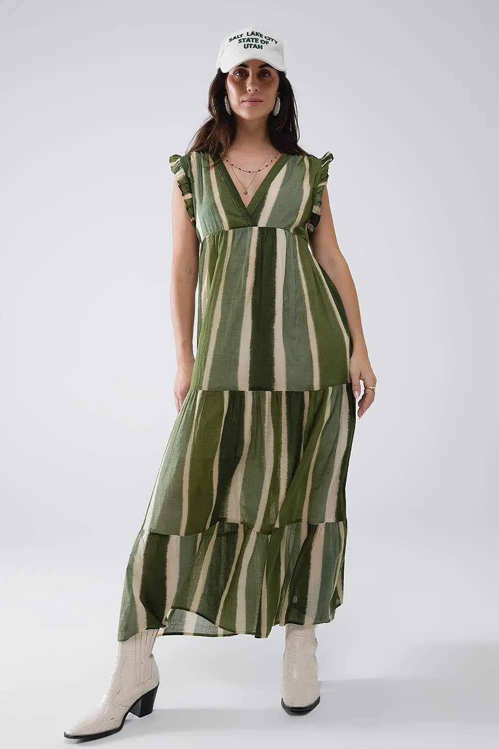 Maxi V-Neck Dress With Tiered Skirt In Striped Tie-dye Green - Dresses