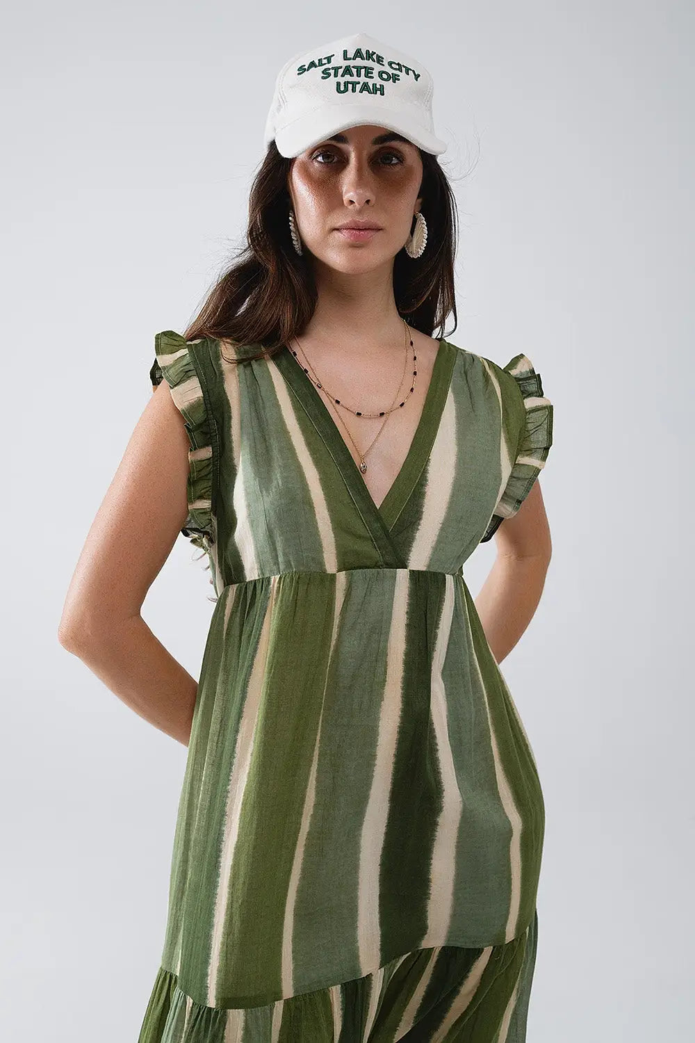 Maxi V-Neck Dress With Tiered Skirt In Striped Tie-dye Green - Dresses