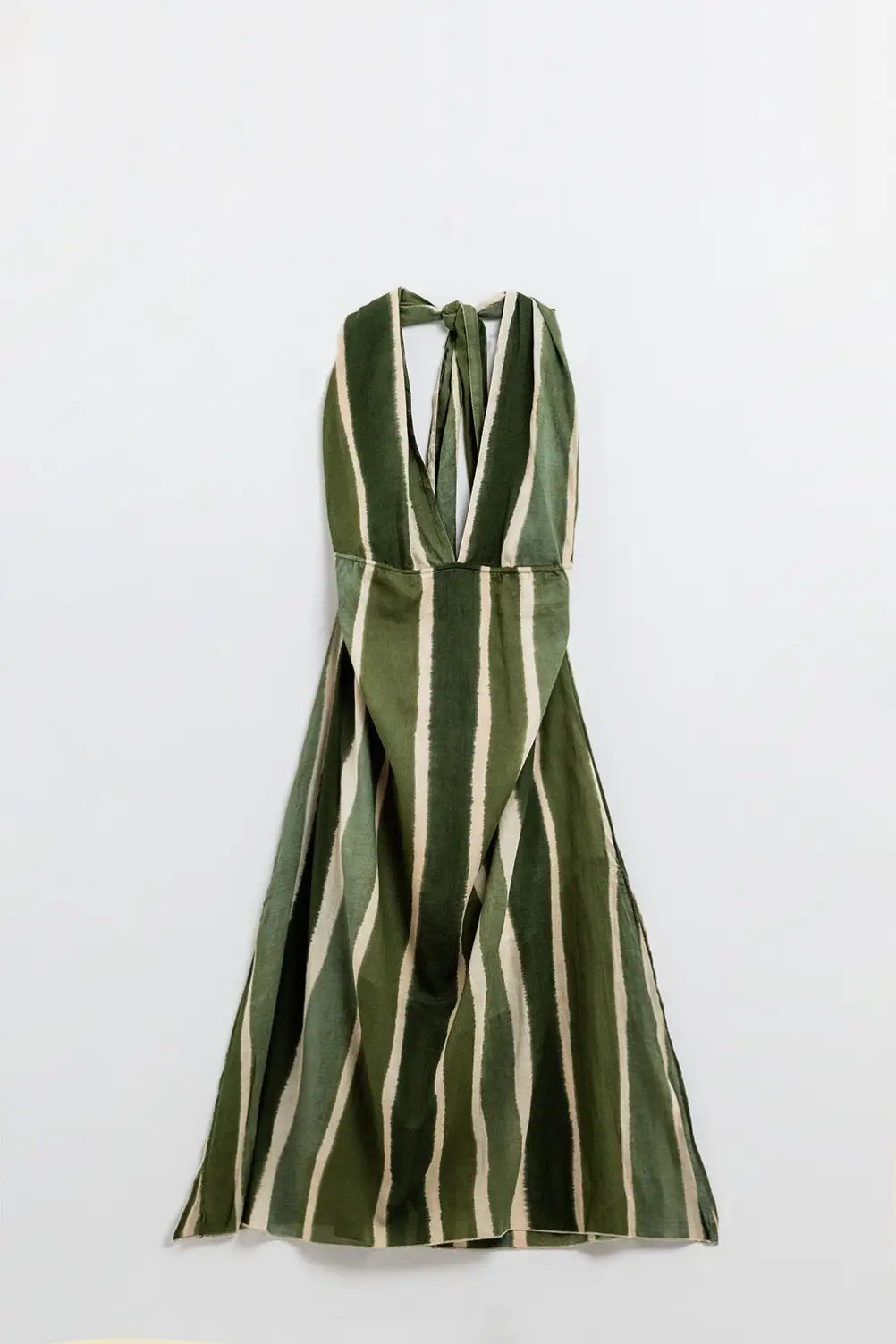 Maxi V-Neck Halter Dress With Side Slits In Striped Tie-dye Green - Dresses