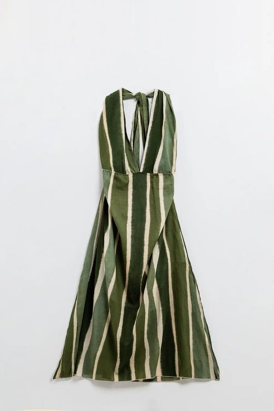 Maxi V-Neck Halter Dress With Side Slits In Striped Tie-dye Green - Dresses