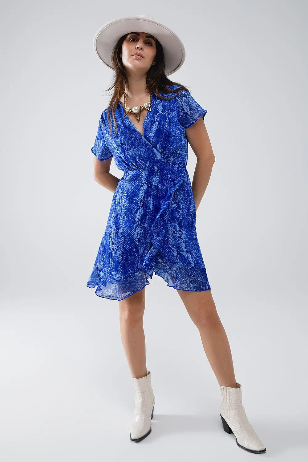 Short Wrap Dress in blue animal printed and Gold lurex - Dresses