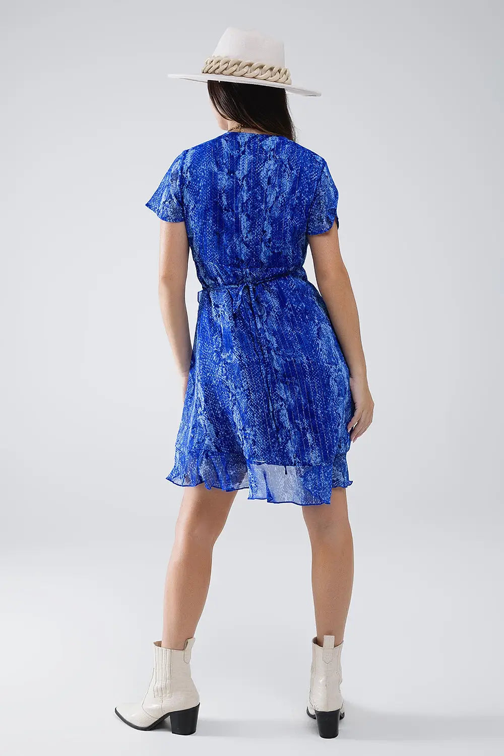 Short Wrap Dress in blue animal printed and Gold lurex - Dresses