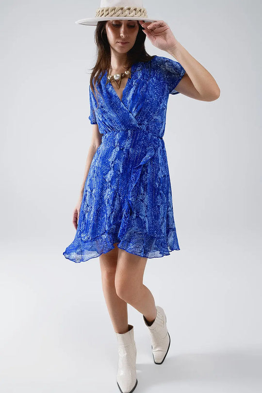 Short Wrap Dress in blue animal printed and Gold lurex - Dresses