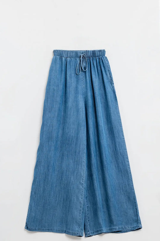 Blue tencel Denim-Style Wide-Leg Fluid Pants - Pants