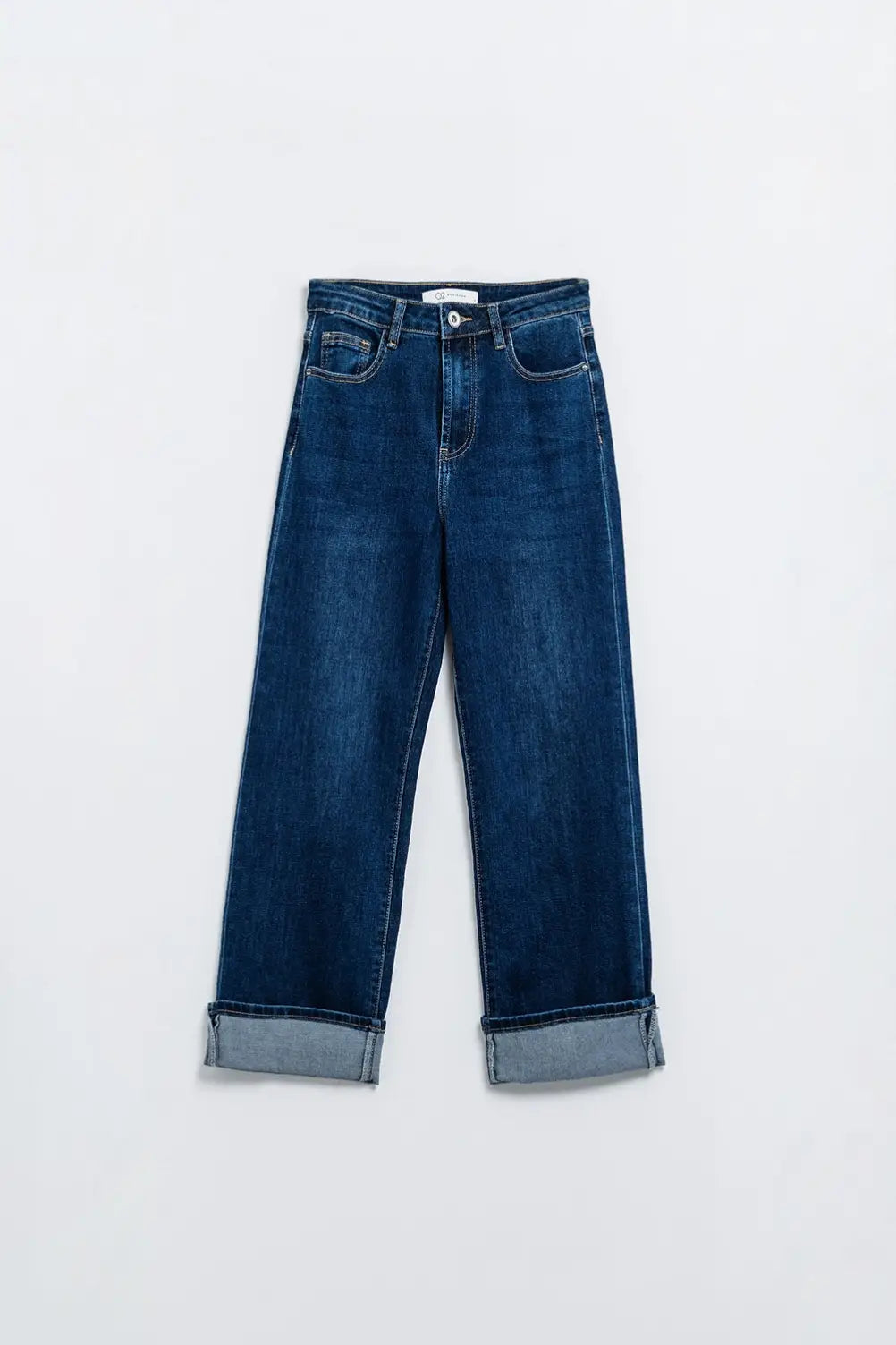 Dark Blue denim Straight Jeans With Folded Hem