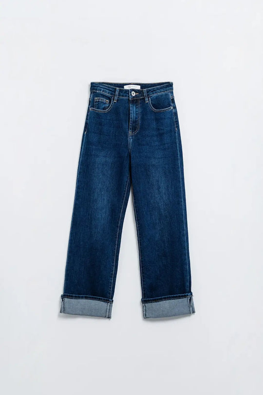 Dark Blue denim Straight Jeans With Folded Hem