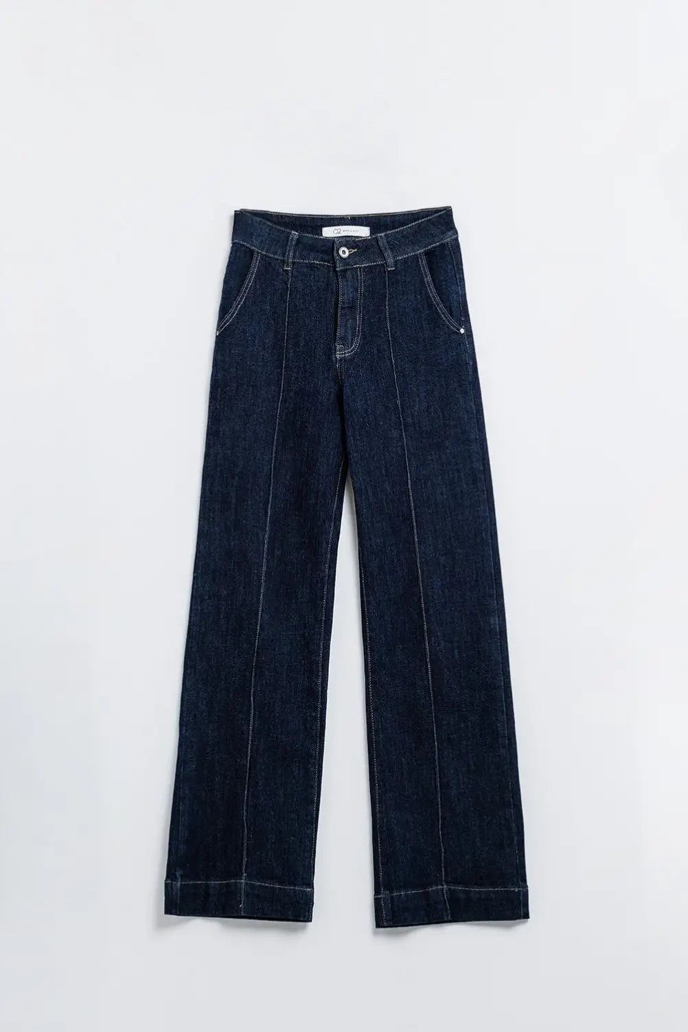 Long Straight Dark Blue Jeans With Contrast Stitching