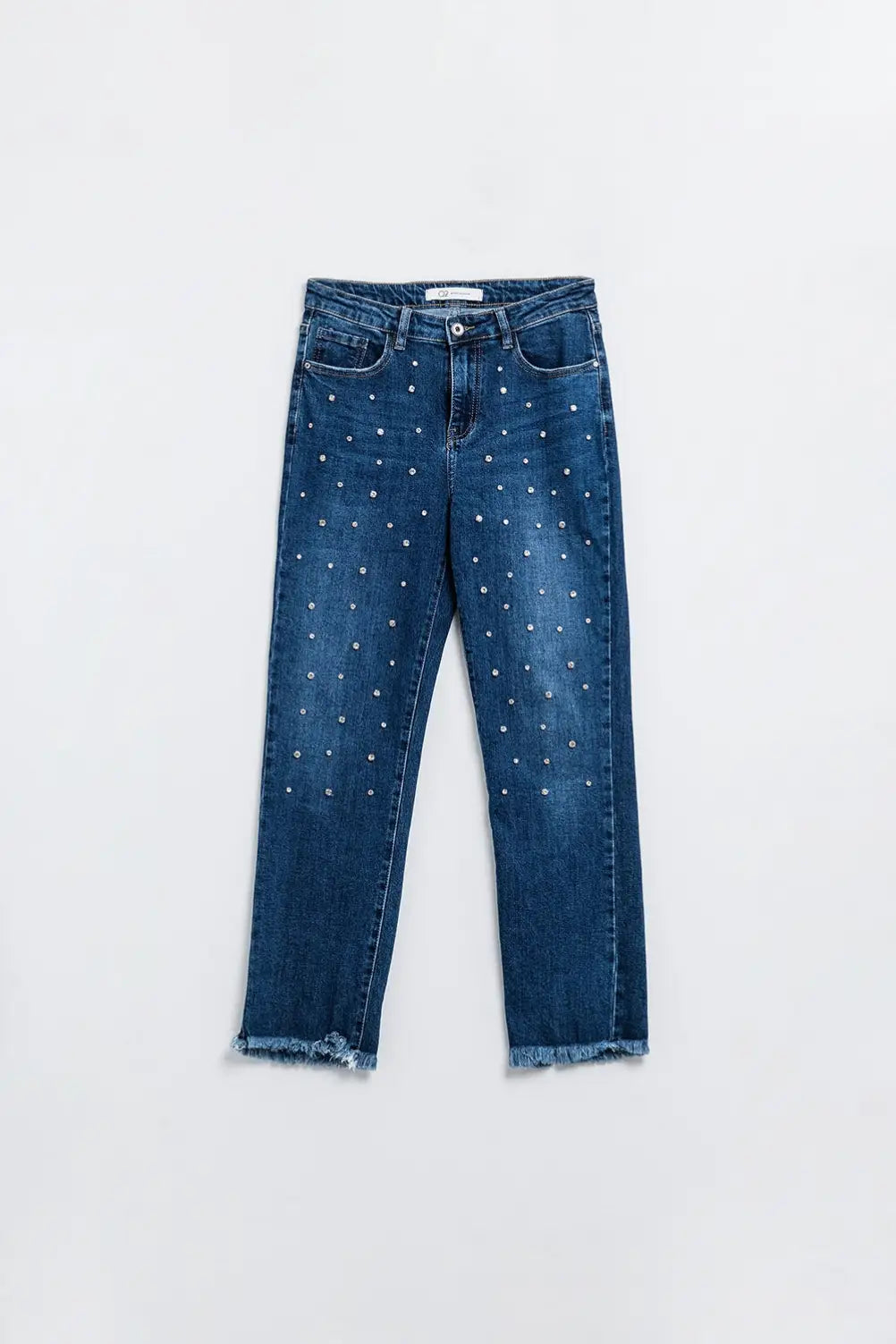 Straight Blue Jeans With Strass Front Details And Frayed Ends