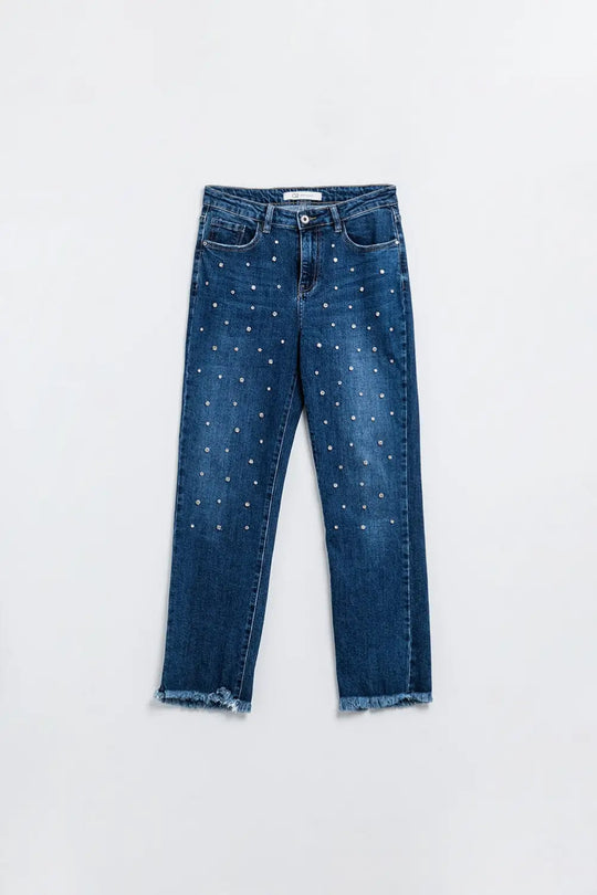 Straight Blue Jeans With Strass Front Details And Frayed Ends