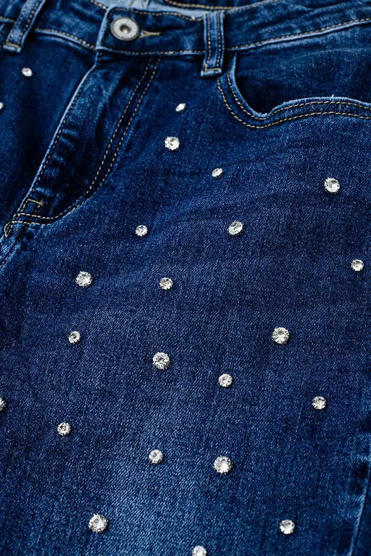Straight Blue Jeans With Strass Front Details And Frayed Ends