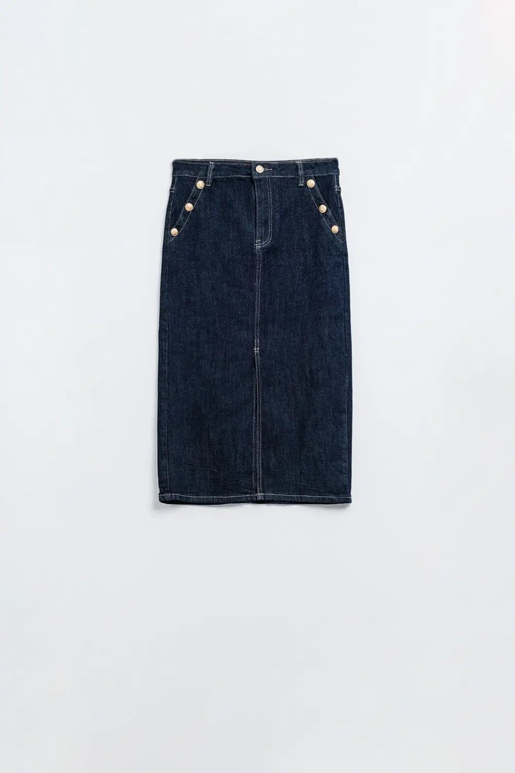 Denim Skirt With Front Slit And Gold Buttons on Sides - Skirts