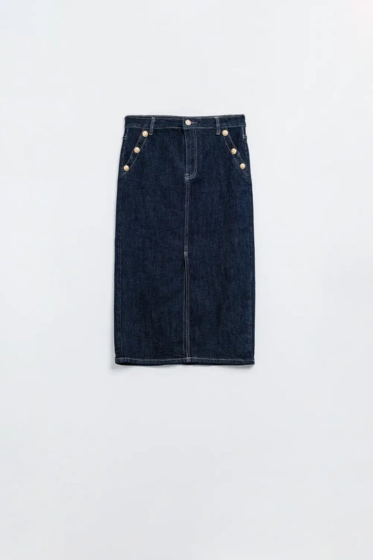 Denim Skirt With Front Slit And Gold Buttons on Sides - Skirts