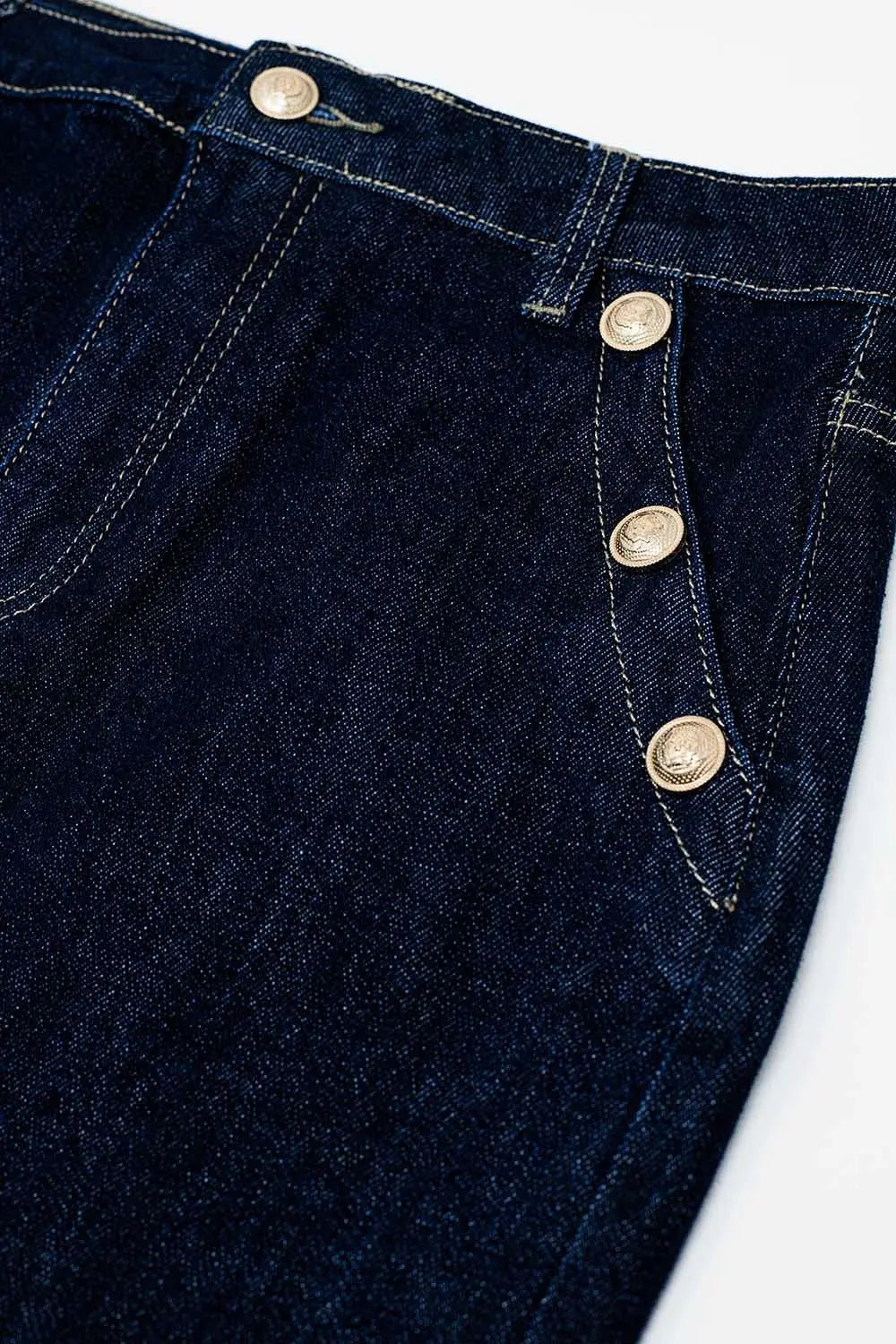 Denim Skirt With Front Slit And Gold Buttons on Sides - Skirts