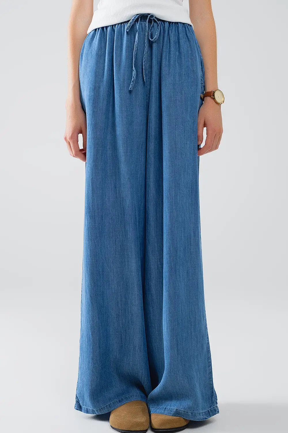 Blue tencel Denim-Style Wide-Leg Fluid Pants - Pants