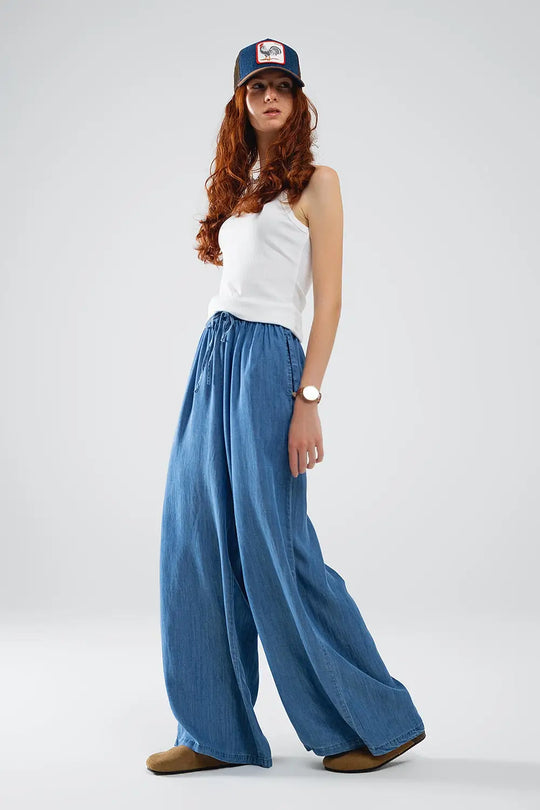 Blue tencel Denim-Style Wide-Leg Fluid Pants - Pants