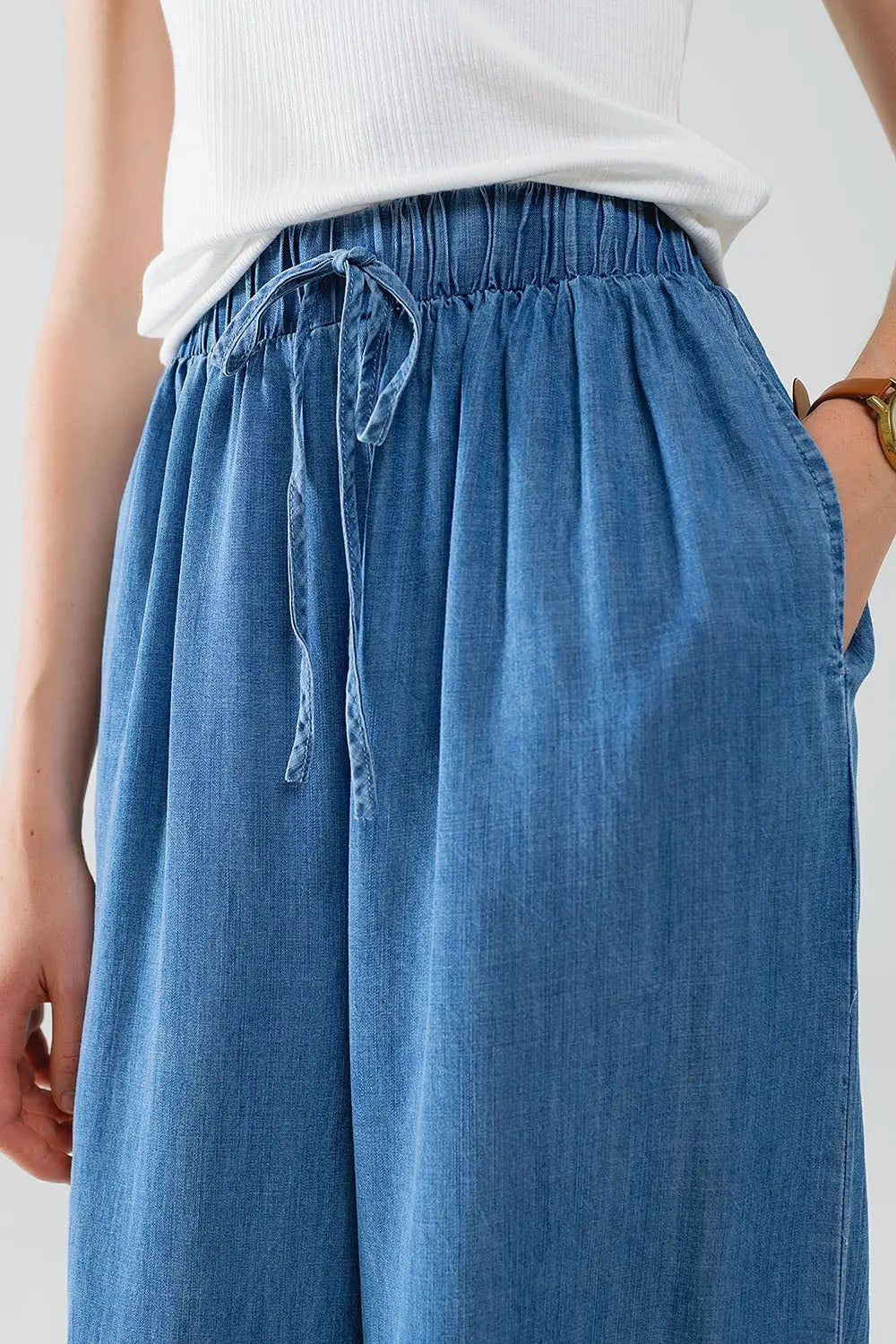 Blue tencel Denim-Style Wide-Leg Fluid Pants - Pants
