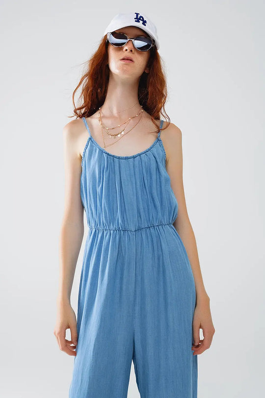 Sleevless Tencel Denim Jumpsuit With Elastic Waist - Dresses