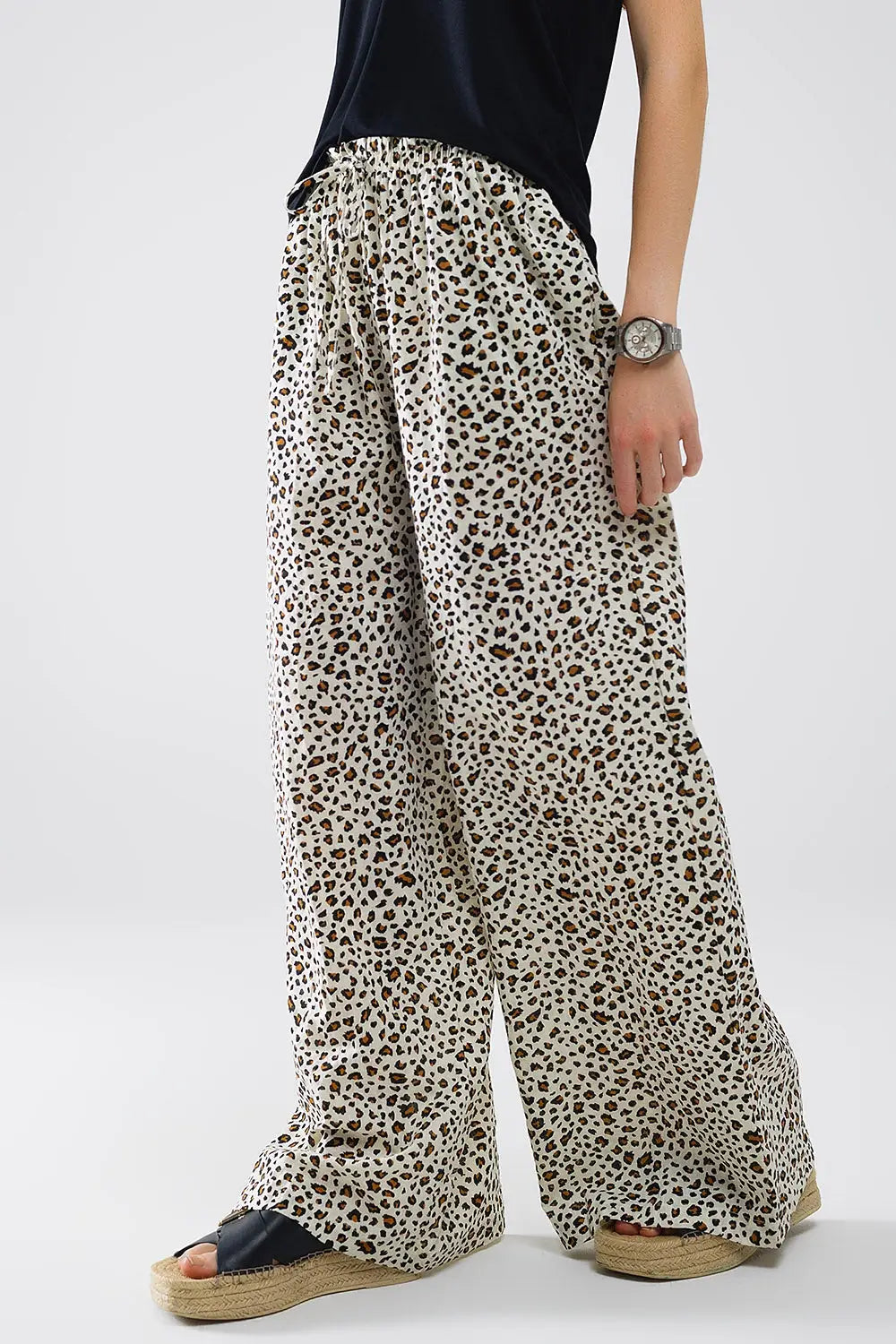 Elasticated Waist Straight Leg Pants In Leopard Print - Pants