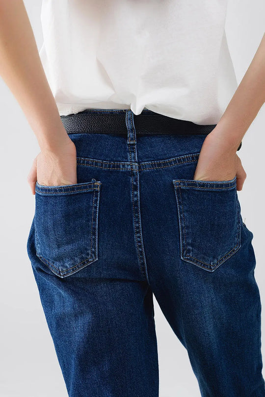 Straight Blue Jeans With Strass Front Details And Frayed Ends