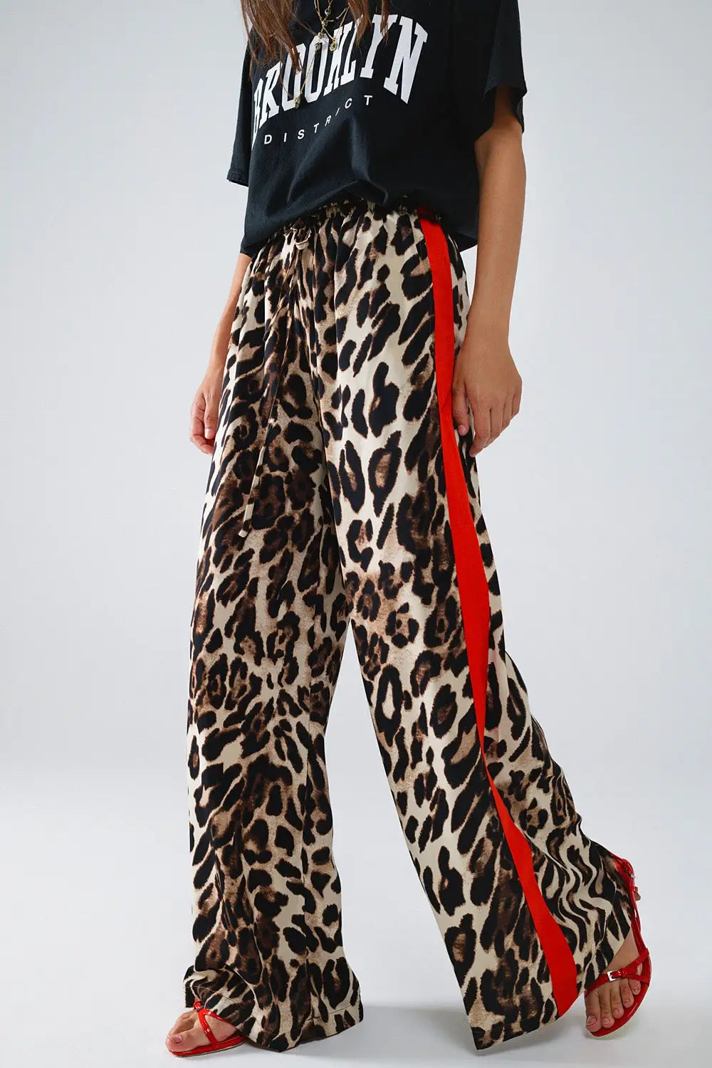 Leopard Straight Pants With Red Stripes Down The Sides - Pants