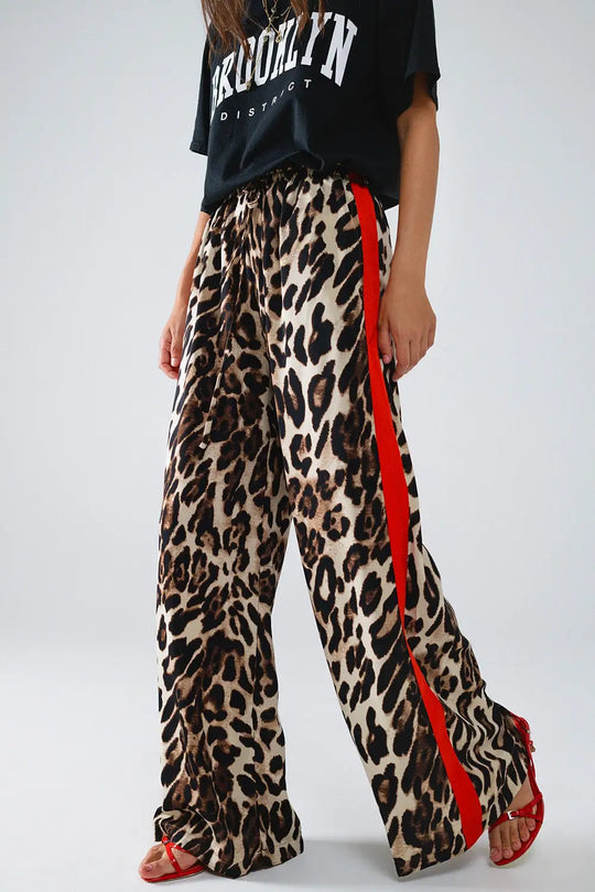 Leopard Straight Pants With Red Stripes Down The Sides - Pants