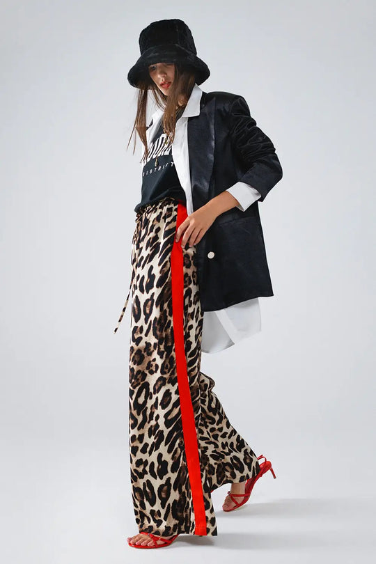 Leopard Straight Pants With Red Stripes Down The Sides - Pants