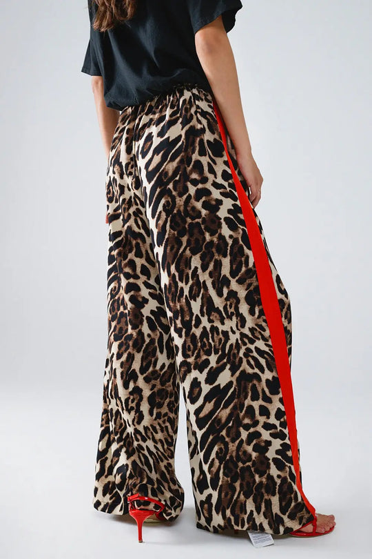 Leopard Straight Pants With Red Stripes Down The Sides - Pants