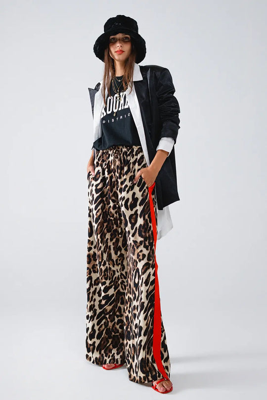 Leopard Straight Pants With Red Stripes Down The Sides - Pants