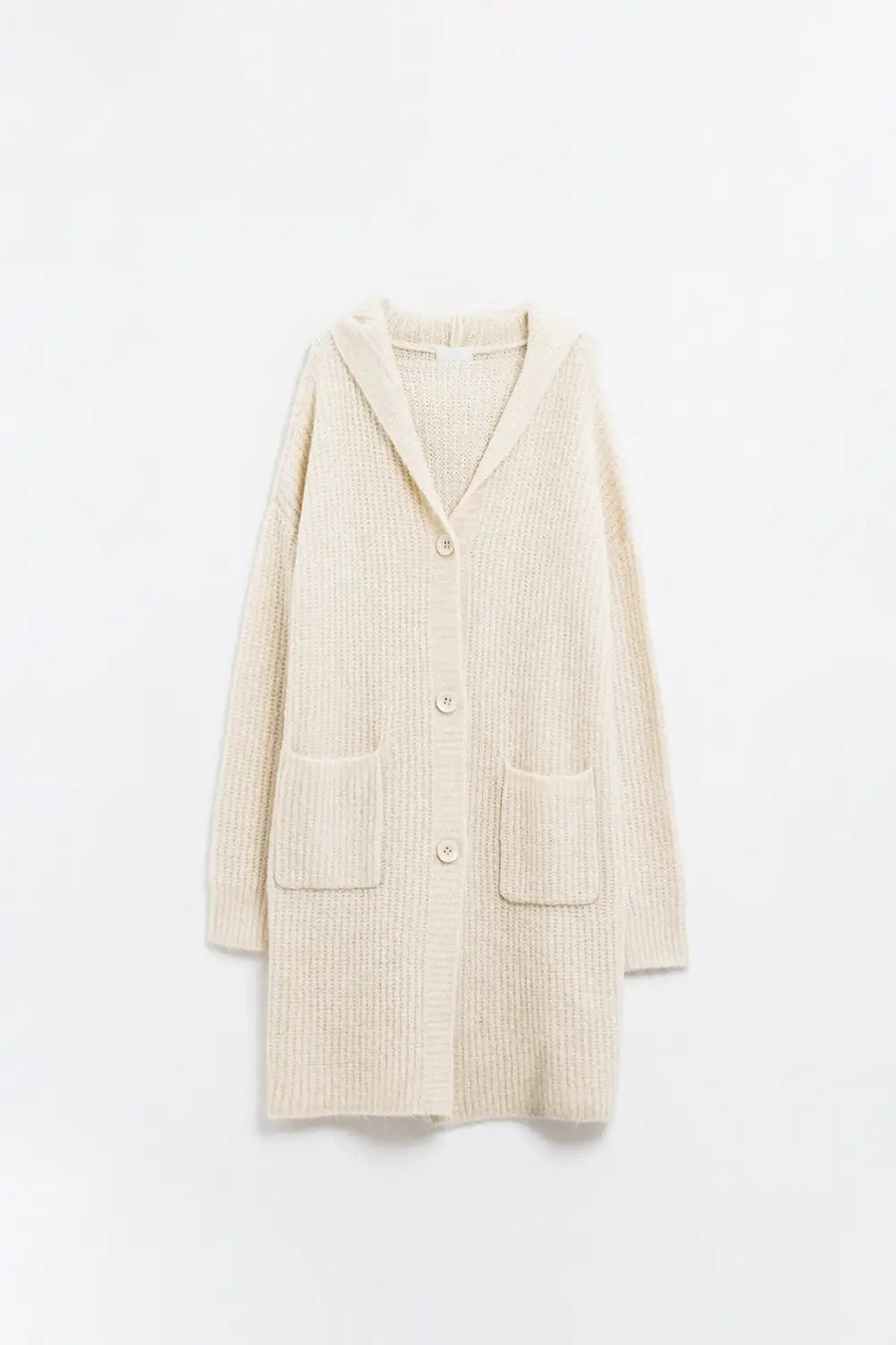 Long Ribbed Cardigan With Pockes and Hood in Cream - CREAM / ONE - Cardigans