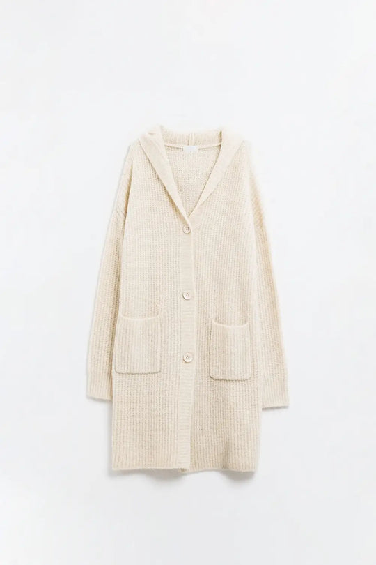 Long Ribbed Cardigan With Pockes and Hood in Cream - CREAM / ONE - Cardigans