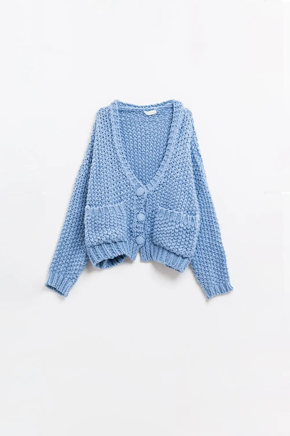 Oversized light blue chunky knit jacket with pockets - BLUE / ONE - Cardigans