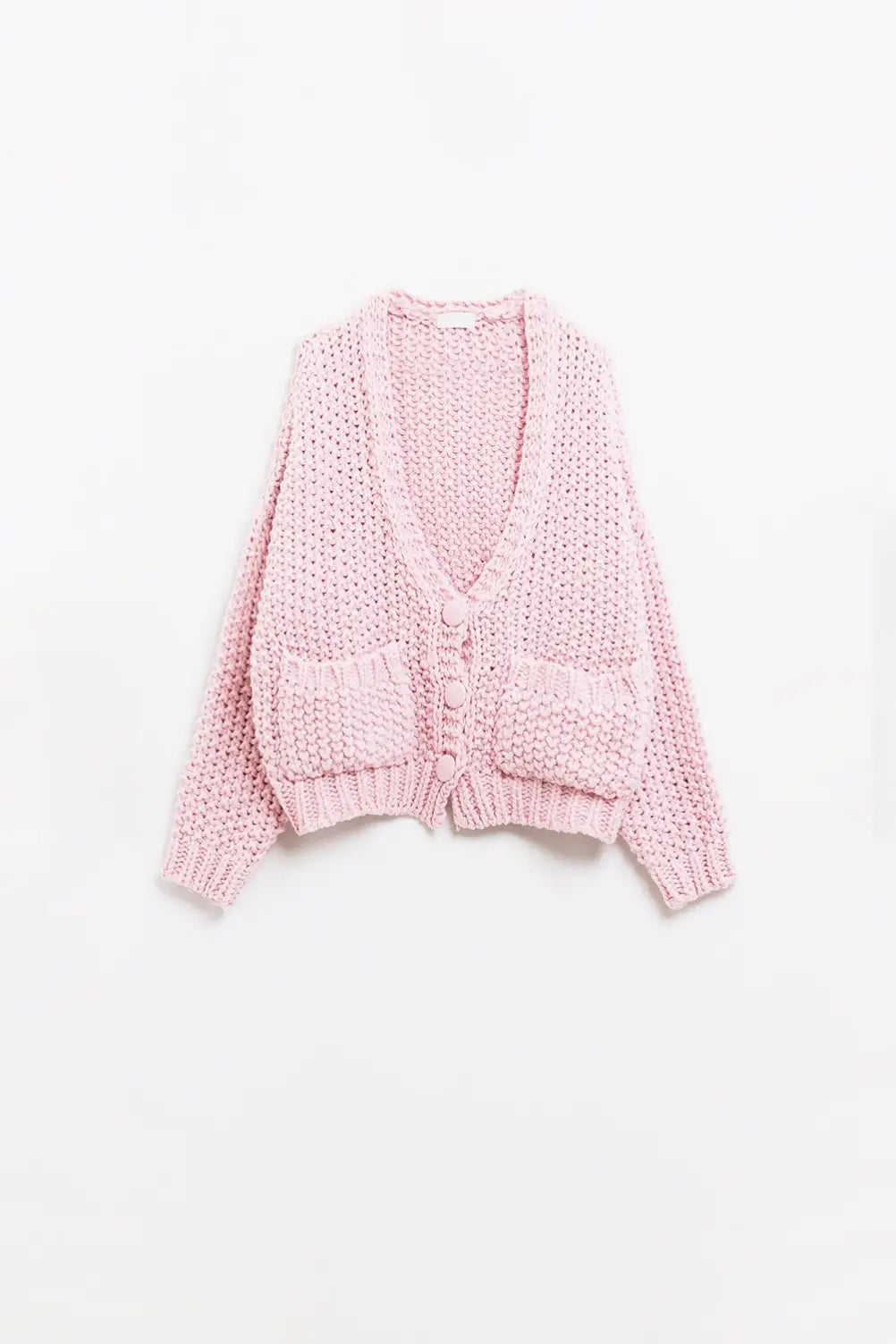 Oversized pink chunky knit jacket with pockets - PINK / ONE - Cardigans