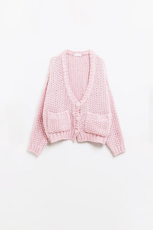 Oversized pink chunky knit jacket with pockets - PINK / ONE - Cardigans