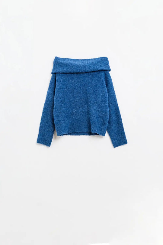 knitted fluffy boat neck sweater in blue - BLUE / ONE - Sweaters