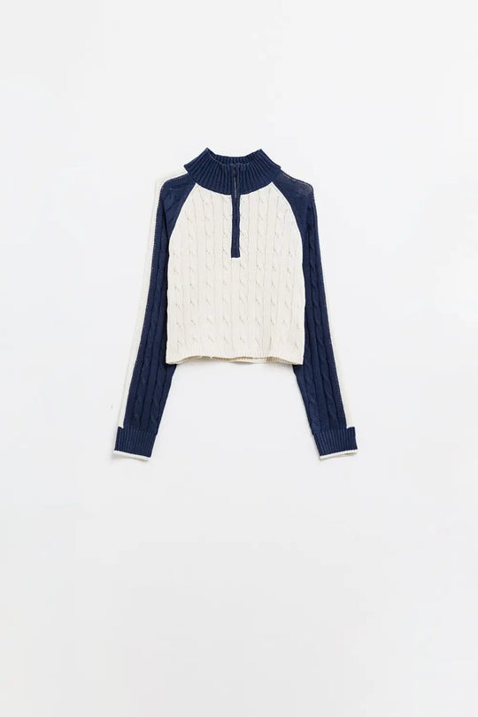 cropped white and navy sweater with neck zipper - Sweaters