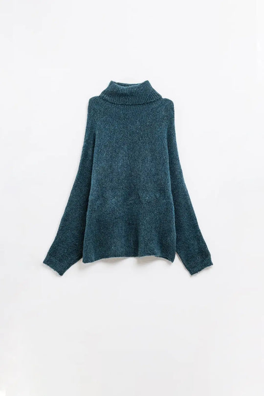 Oversized sweater in teal with a high neck and loose sleeves - NAVY / ONE - Sweaters