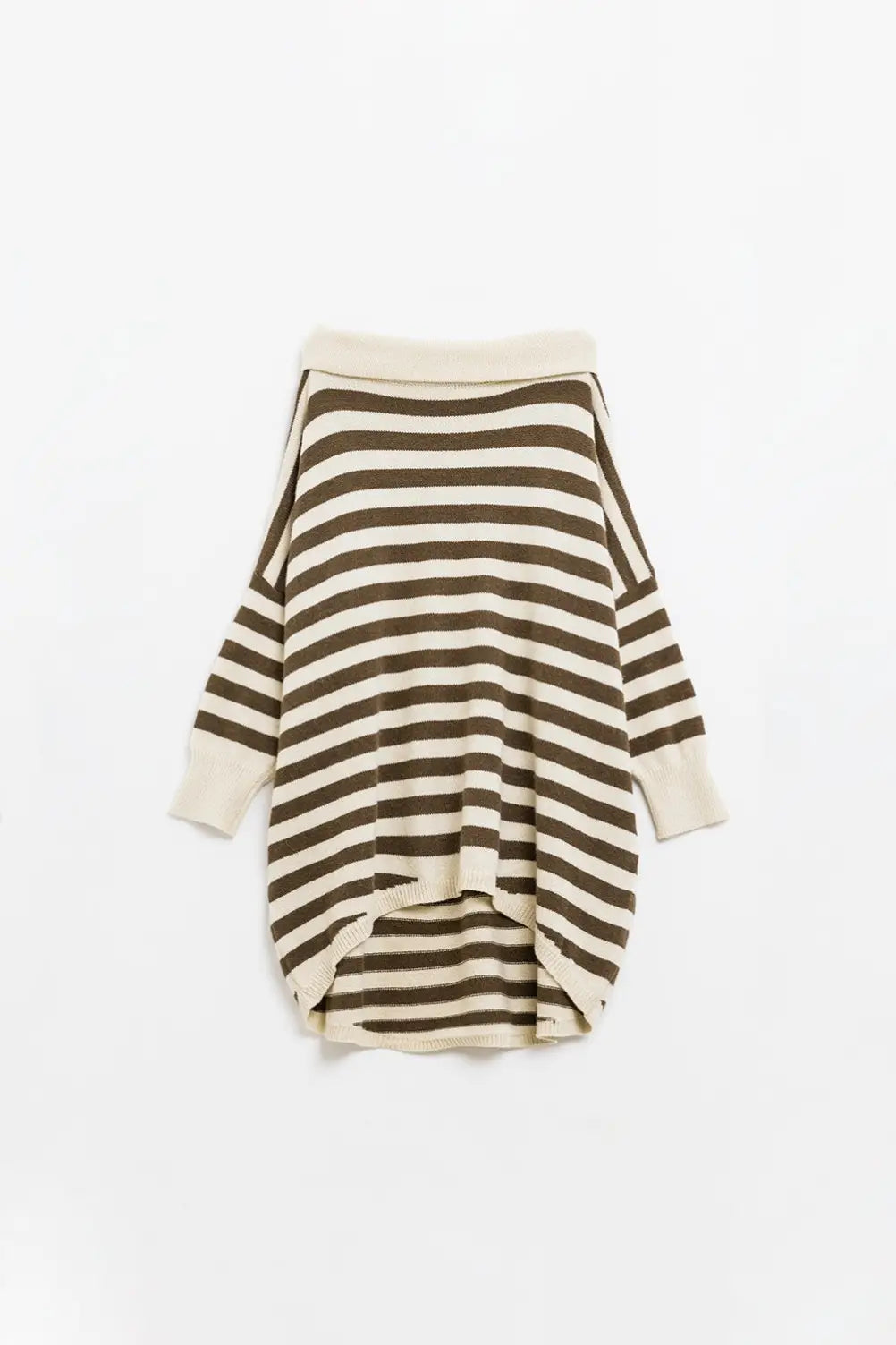 High Neck Oversized Swater With Bat Wings and Stripes in Cream and Brown - BEIGE / ONE - Sweaters