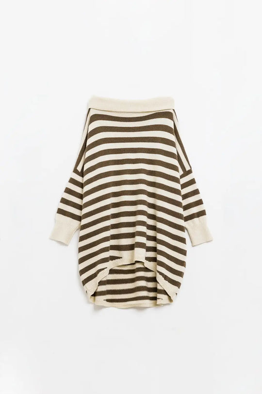 High Neck Oversized Swater With Bat Wings and Stripes in Cream and Brown - BEIGE / ONE - Sweaters