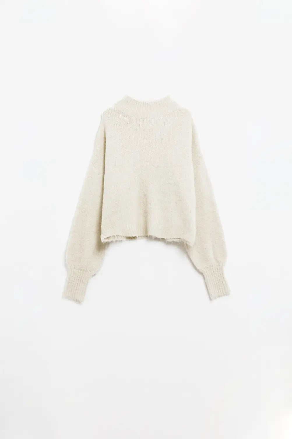 Fluffy beige sweater with high neck and balloon sleeves - Sweaters