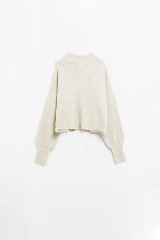 Fluffy beige sweater with high neck and balloon sleeves - Sweaters