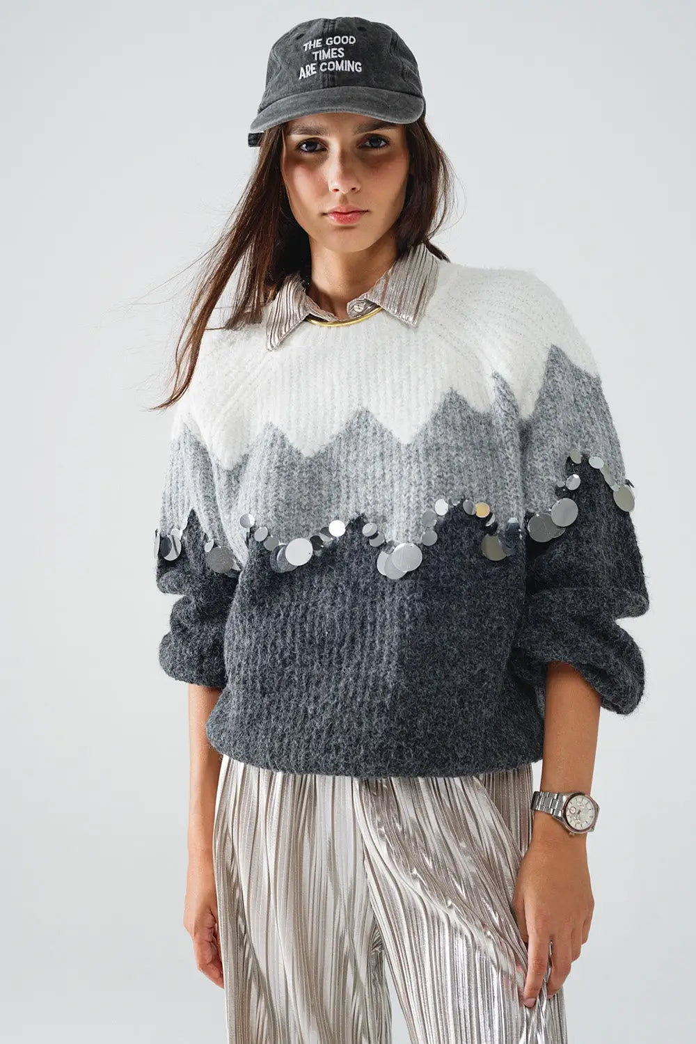 Herringbone Pattern Sweater With Sequin Details In Grey - GRAY / ONE - Sweaters