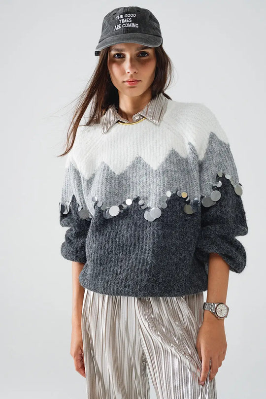 Herringbone Pattern Sweater With Sequin Details In Grey - GRAY / ONE - Sweaters