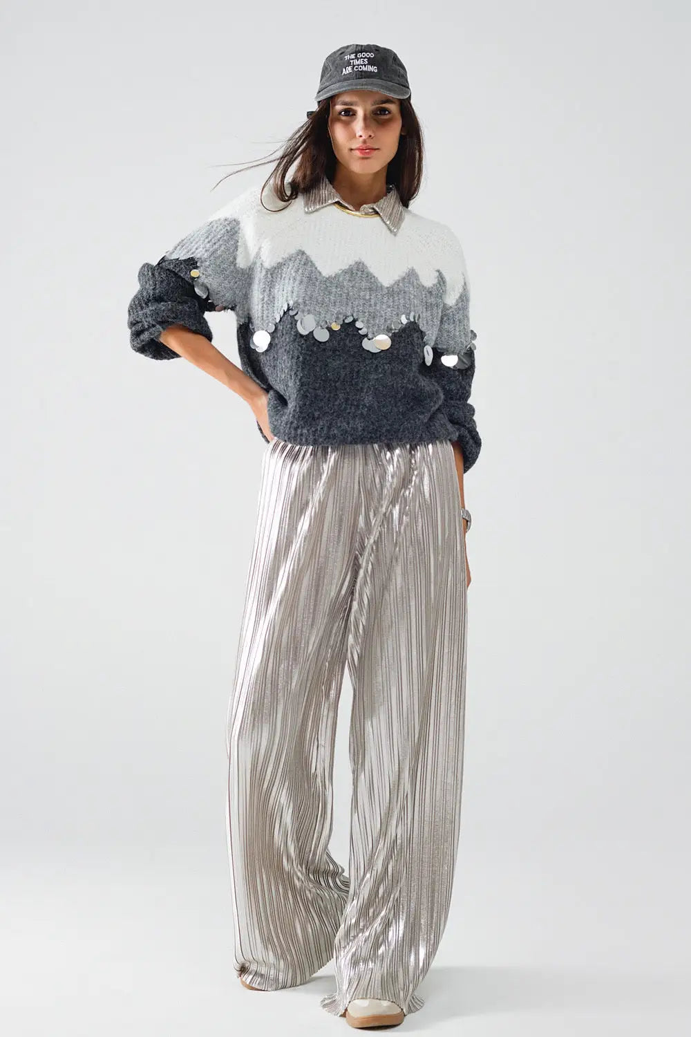 Herringbone Pattern Sweater With Sequin Details In Grey - GRAY / ONE - Sweaters