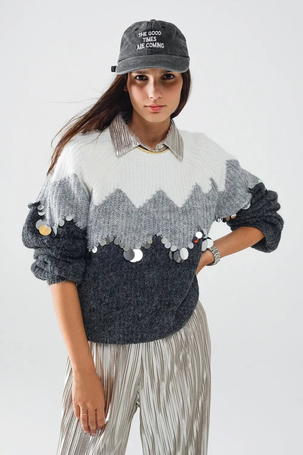 Herringbone Pattern Sweater With Sequin Details In Grey - GRAY / ONE - Sweaters