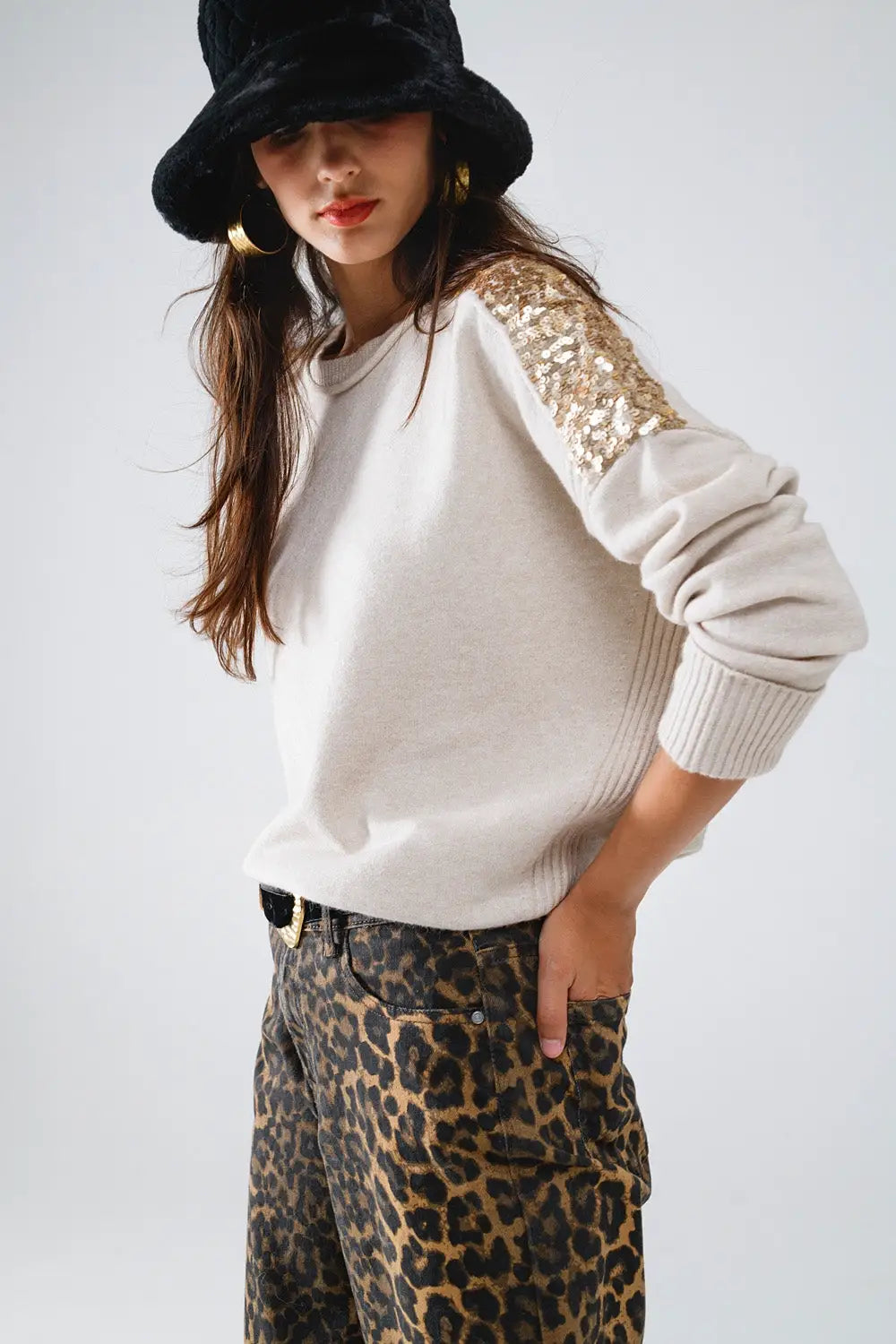 Beige Long Sleeves Sweater With Sequins on The Shoulders - BEIGE / ONE - Sweaters
