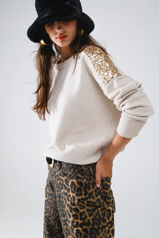 Beige Long Sleeves Sweater With Sequins on The Shoulders - BEIGE / ONE - Sweaters