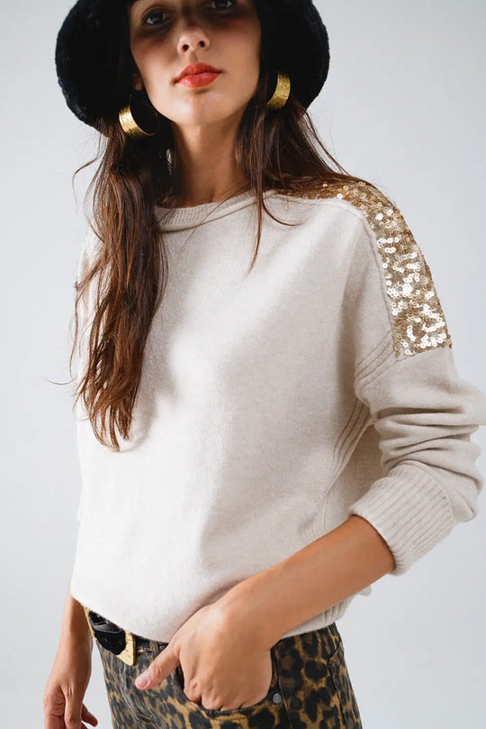 Beige Long Sleeves Sweater With Sequins on The Shoulders - BEIGE / ONE - Sweaters