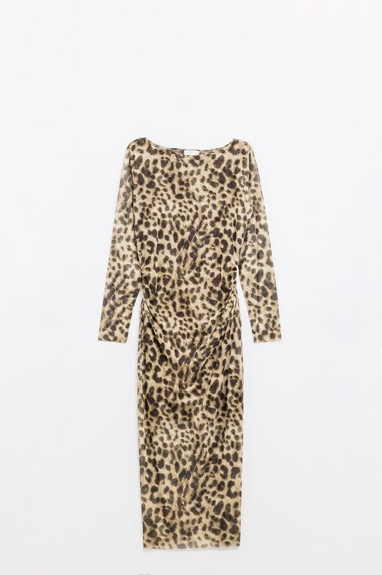 sheer long sleeve leopard print bodycon midi dress