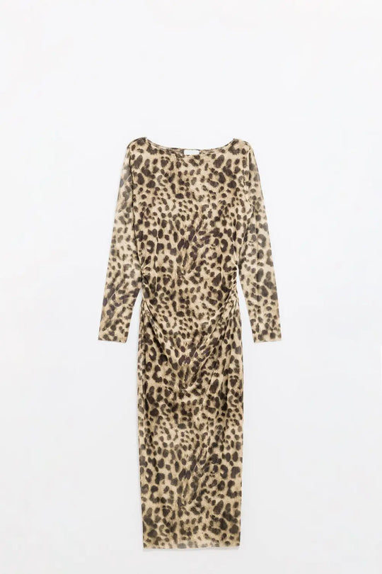 sheer long sleeve leopard print bodycon midi dress - Dresses